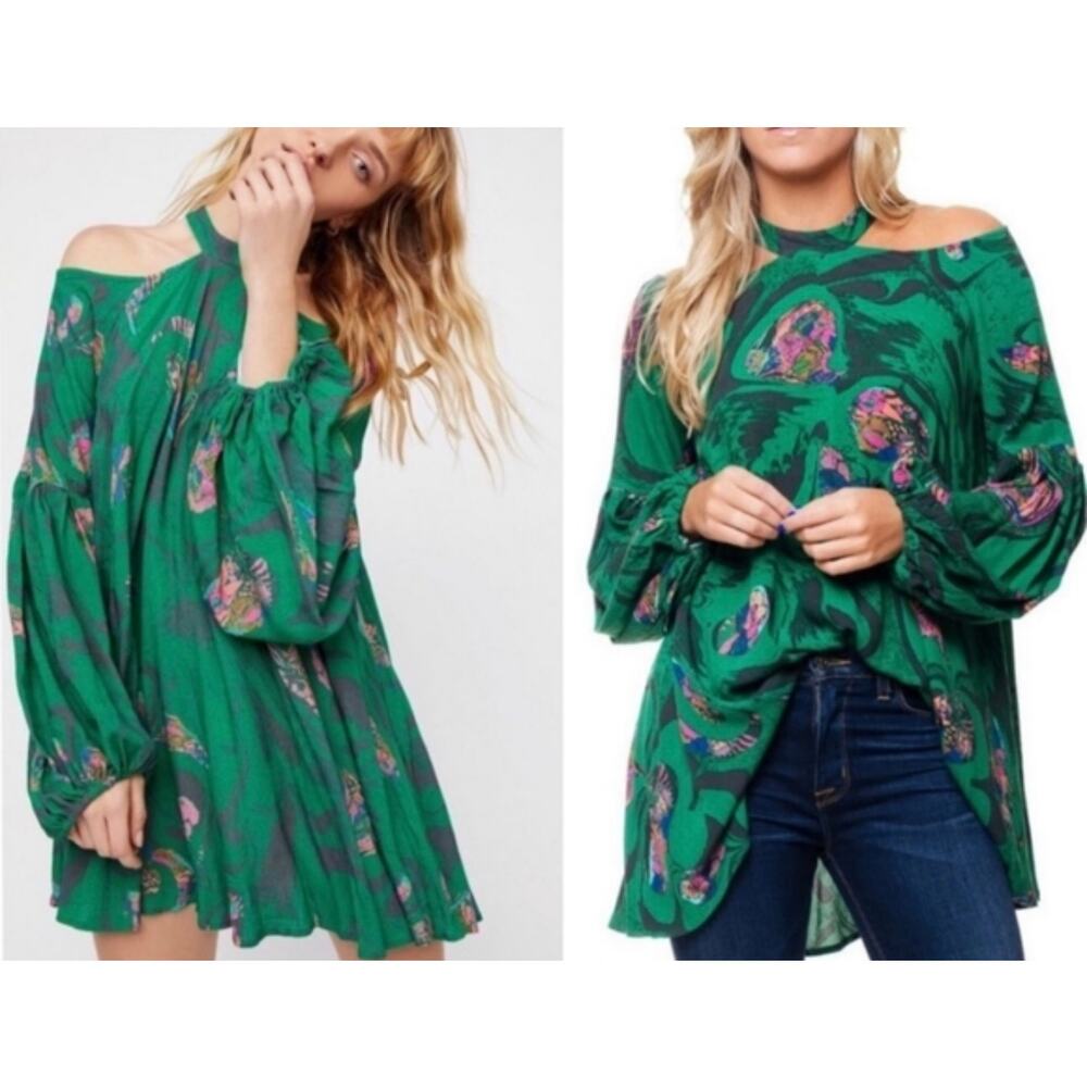 Free People Drift Away Cold Shoulder Tunic / Mini Dress Size: S Color: Green - Picture 2 of 9